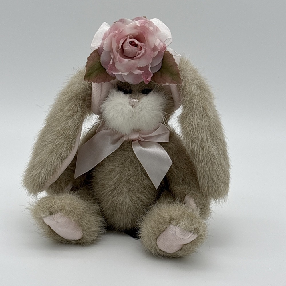 Vintage Bearington Plush Bunny Rabbit Pink Rose Bonnet Jointed PA 10186